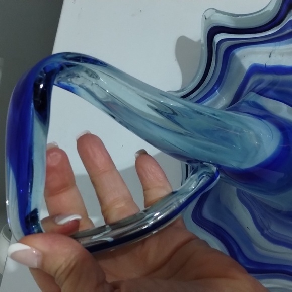 Blue & clear swirl Art Glass umbrella dish with handle vintage - Picture 7 of 7